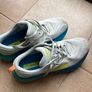 Hoka Bondi 8 Light Gray with Blue and Yellow Accents